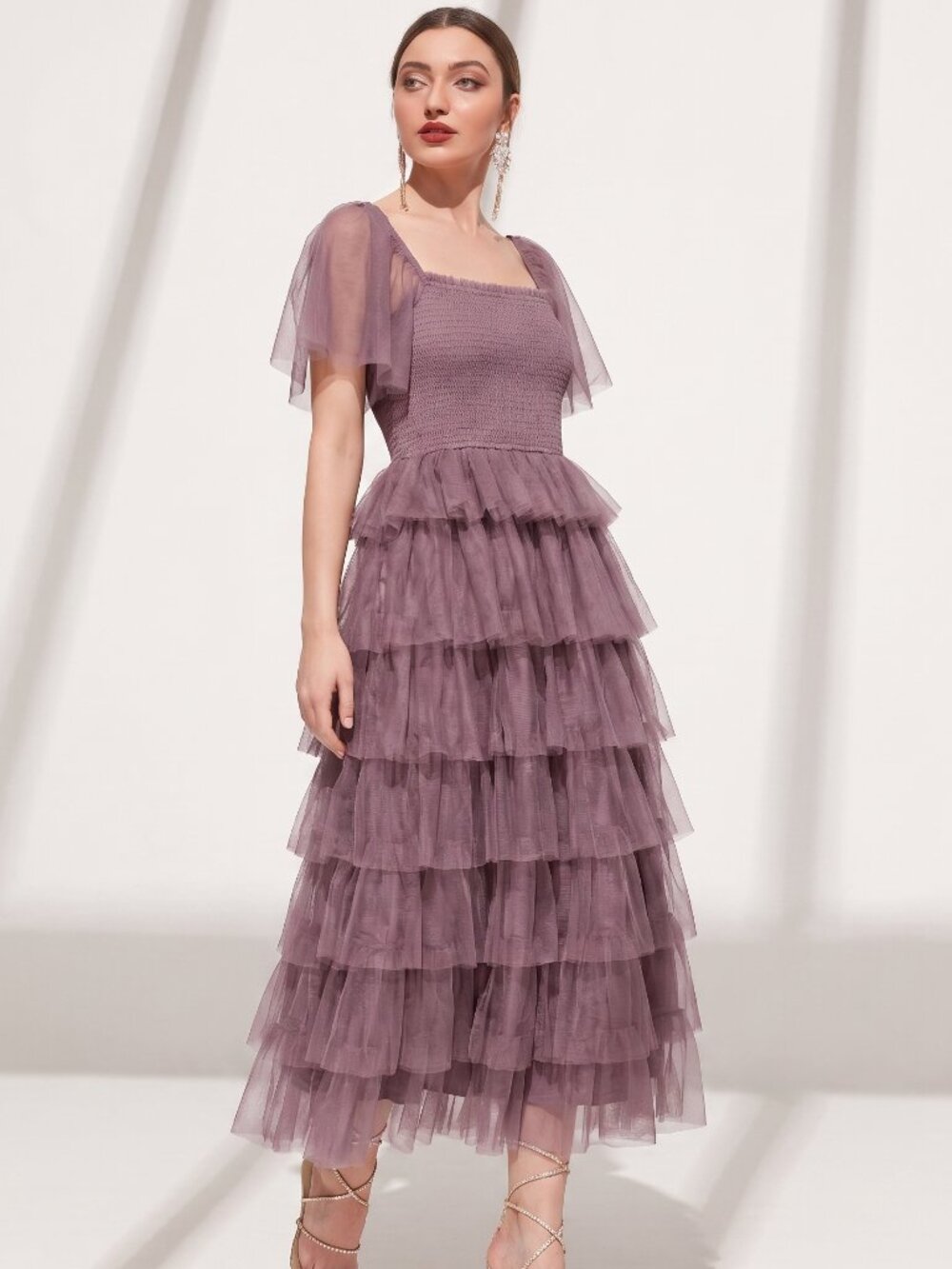 Baltic Born Cherise Tiered Tulle Ruffle Midi Dress in Dusty Lavender